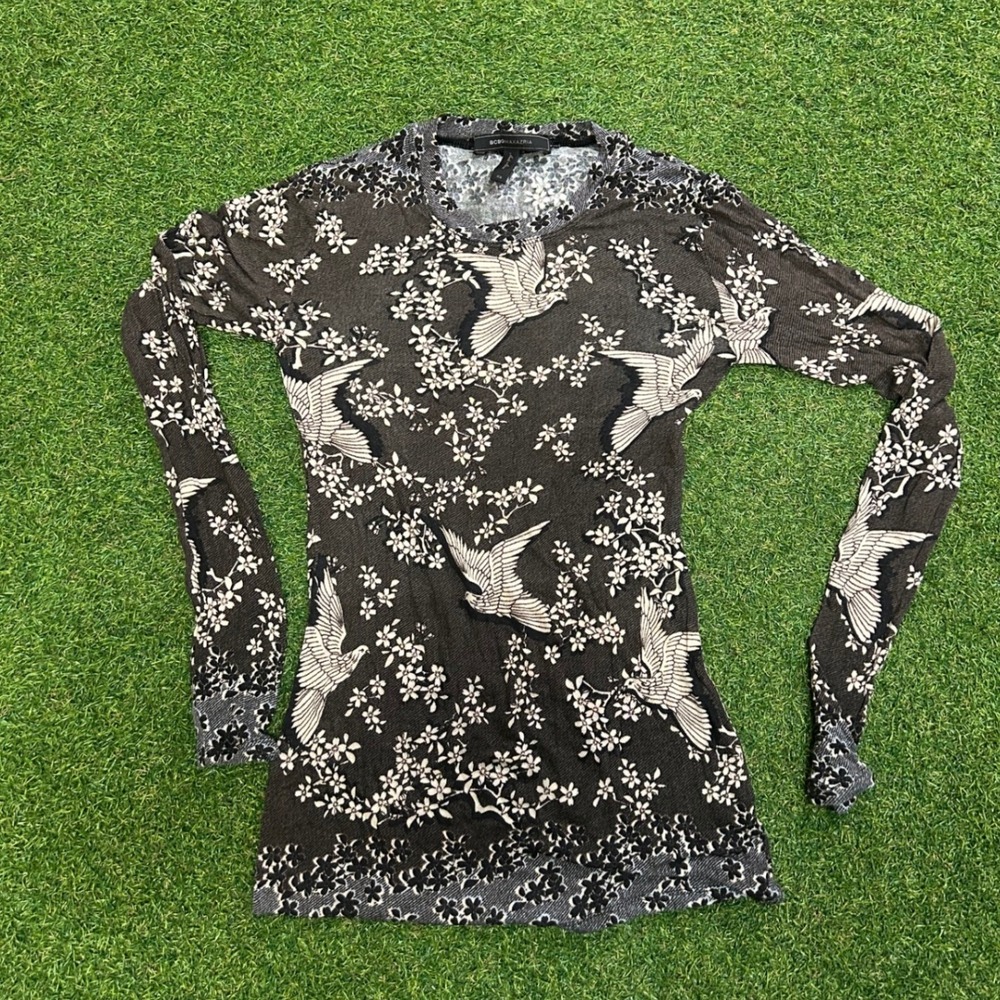 BCBGMAXAZRIA Womens XS Crane Floral Print Long Sleeve Knit Top Black White